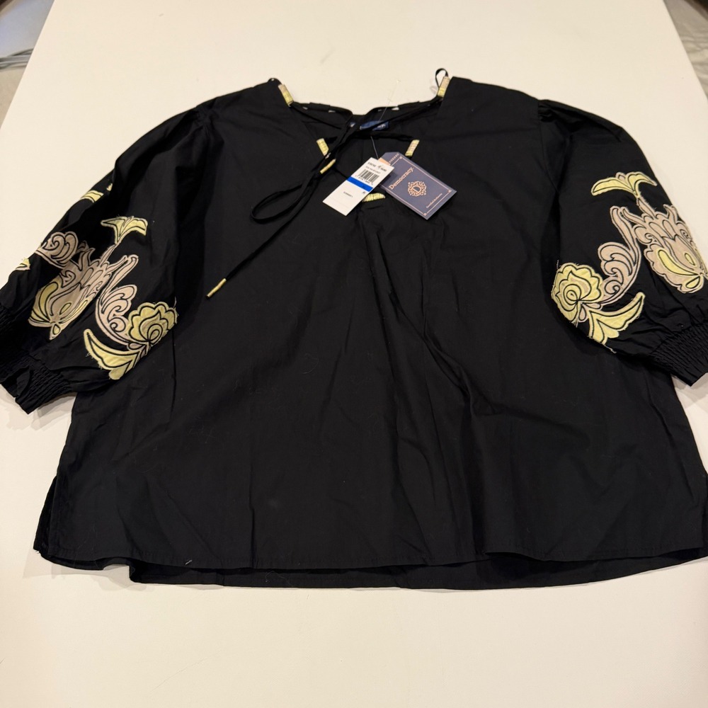 Democracy Women Black Embroidered Puff Sleeve Peasant Blouse Top XL NWT